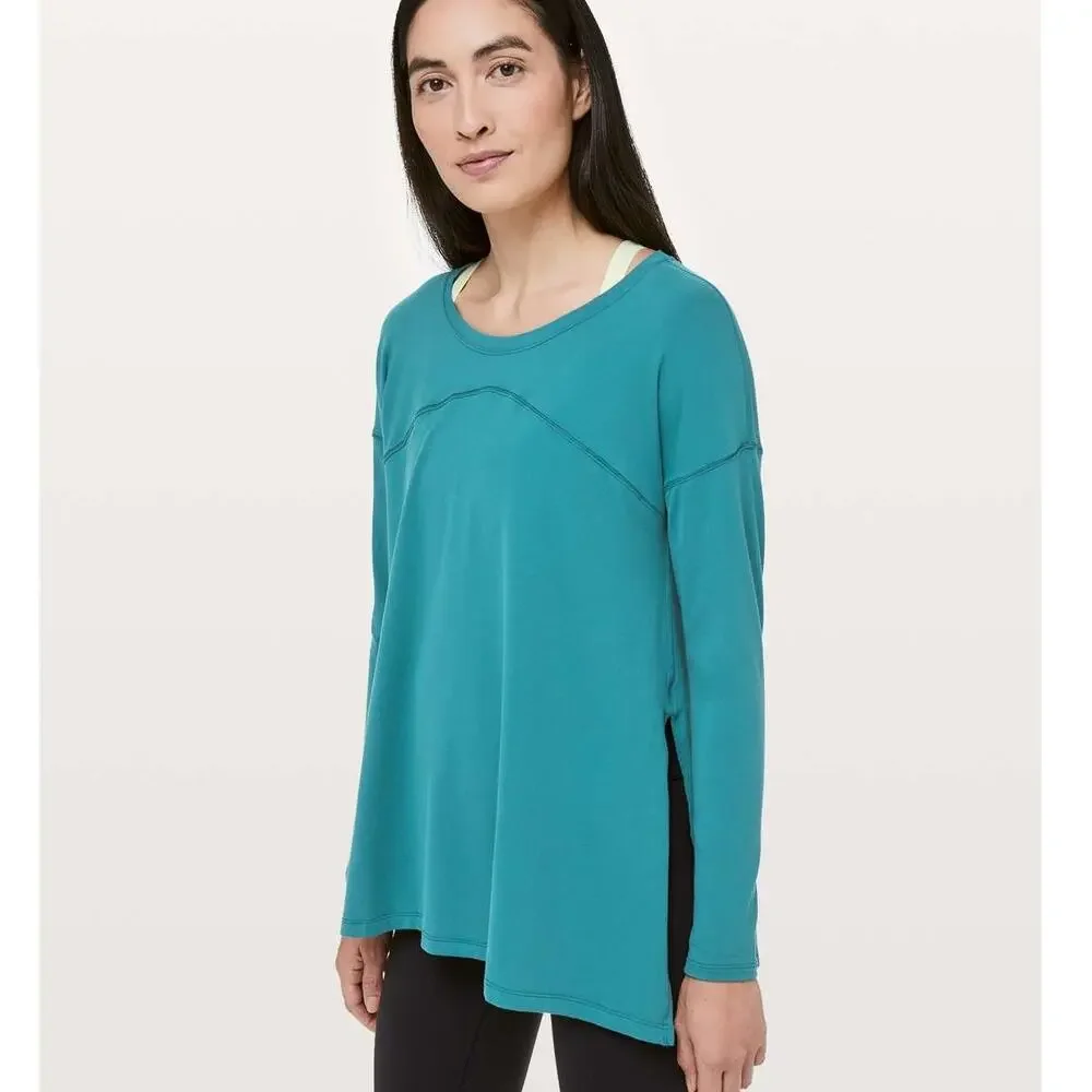 Lululemon Hit Unwind Long Sleeve Tonic Teal Blue Size 12 Rulu Side Tie Loose Fit
